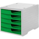 Schubladenbox styro® styroswing, 5 Schübe, Auszugsperre & Griffmulde, stapelbar, B 270 x T 340 x H 255 mm, Polystyrol, grau-gecko
