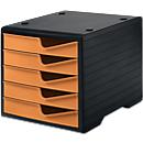 Schubladenbox styro® styroswingbox, 5 Schübe, Auszugsperre & Griffmulde, stapelbar, B 270 x T 340 x H 255 mm, Polystyrol, schwarz-apricot