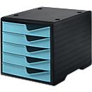 Schubladenbox styro® styroswingbox, 5 Schübe, Auszugsperre & Griffmulde, stapelbar, B 270 x T 340 x H 255 mm, Polystyrol, schwarz-aqua