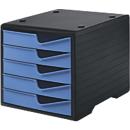 Schubladenbox styro® styroswingbox, 5 Schübe, Auszugsperre & Griffmulde, stapelbar, B 270 x T 340 x H 255 mm, Polystyrol, schwarz-cornflower