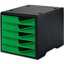 Schubladenbox styro® styroswingbox, 5 Schübe, Auszugsperre & Griffmulde, stapelbar, B 270 x T 340 x H 255 mm, Polystyrol, schwarz-gecko
