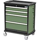 Schubladenschrank Bedrunka+Hirth maxmobile 1, mobil, 4 Schübe, 1 Seitenblende, abschließbar, bis 300 kg, resedagrün RAL 6011, Stahlblech