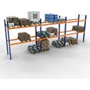 Schulte Lagertechnik Rayonnage à palettes, rayonnage de base, L 8444 x P 1100 x H 4000 mm, 3 niveaux, poids des palettes jusqu'à 500 kg, charge admissible par travée 5287 kg, bleu/orange