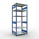 Schulte Lagertechnik Rayonnage à tablettes MULTIplus150, rayonnage de base emboîtable, L 1000 x P 800 x H 2500 mm, 6 niveaux, jusqu'à 1400 kg, bleu gentiane/galvanisé