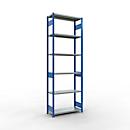 Schulte Lagertechnik Système de rayonnage à tablettes emboîtables MULTIplus 250, rayonnage de base, verrou de longueur, 3000x1000x400 mm, 7 tablettes, bleu gentiane/galvanisé