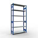 Schulte MULTIplus250 Steckregal, Grundregal, 6 Fachböden, bis 250 kg je Fachboden, werkzeuglos montierbar, B 1300 x T 400 x H 2500, enzianblau/verzinkt