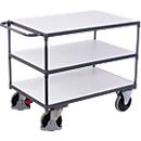 Schwerer ESD-Tischwagen, Stahl/Spanplatte, Graphitgrau/Lichtgrau, 3 Etagen, L 850 x B 500 mm, TPE-Rollen mit EasySTOP, bis 400 kg