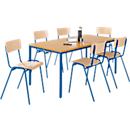Set avantageux : 6 chaises en bois et 1 table 1600 x 800 mm, hêtre, piétement des chaises et de la table en bleu