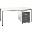 Set avantageux : bureau NEVADA - L 1600 mm - piétement rond aluminium - blanc + caisson mobile blanc et gris foncé