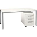 Set avantageux : bureau NEVADA - L 1600 mm - piétement rond aluminium - blanc + caisson mobile blanc