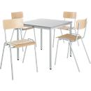 Set de 4 chaises en bois et 1 table 800 x 800 mm, hêtre, piétement des chaises en gris clair 