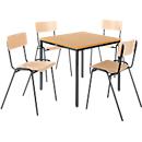 Set de 4 chaises en bois et 1 table 800 x 800 mm, hêtre, piétement des chaises en marron et de la table en brun 
