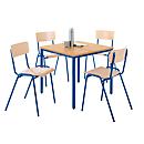 Set de 4 chaises en bois et 1 table 800 x 800 mm, hêtre, piètement des chaises et de la table en bleu 