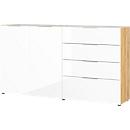 Sideboard, mit 4 Schubladen und 2 Türen, Glasfront- und auflage, B 1840 x T 420 x H 1020 mm, Navarra-Eiche/weiß