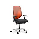 Siège de bureau 353 Giroflex, avec accoudoirs, mécanisme synchrone automatique, assise galbée, dossier 3D en filet, orange/noir/alu blanc