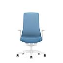Siège de bureau PUREis3 Interstuhl, accoudoirs fixes, mécanisme synchrone 3D automatique, assise galbée, dossier capitonné en filet, bleu pastel/blanc