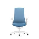 Siège de bureau PUREis3 Interstuhl, accoudoirs réglables, mécanisme synchrone 3D automatique, assise galbée, dossier capitonné, bleu pastel/blanc