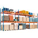 SSI Schäfer Rayonnage à palettes, rayonnage de base, L 8444 x P 1100 x H 4000 mm, 3 niveaux, poids des palettes jusqu'à 500 kg, charge admissible par travée 5287 kg, bleu/orange