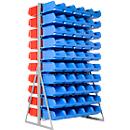 Ständerregal, 2-seitig bestückbar, 20 Reihen, inkl. 50 Sichtlagerkästen SSI Schäfer Serie PROFI LF 321 blau & 50 Sichtlagerkästen Serie PROFI LF 321 rot, B 1145 x T 800 x H 1950 mm