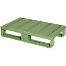 Stahlflachpalette, bis 1500 kg, geschlossenes Oberdeck, 2 Stahlkufen, L 800 x B 500 x H 130 mm, Stahl, Resedagrün RAL 6011