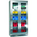 Stainless steel display cabinet, 2 doors, with plinth, W 1000 x D 400 x H 1950 mm