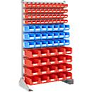Stand storage shelves, single sides, W 1130 x D 500 x H 1885 mm, 40 x 0.7 l, red + 21 x 3 l, blue + 20 x 7.5 l, red