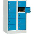 Storage cupboard, sheet steel, hinged right door, cylinder lock, 10 compartments, W 600 x H 965 mm, grey l. RAL 7035/light blue. R 5012