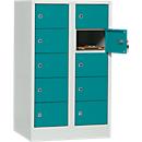 Storage cupboard, sheet steel, hinged right door, cylinder lock, 10 compartments, W 600 x H 965 mm, grey l. RAL 7035/water blue RAL 5021