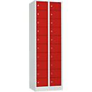 Storage cupboard, sheet steel, hinged right door, cylinder lock, 20 compartments, W 600 x H 1800 mm, grey l. RAL 7035/red int. RAL 3000