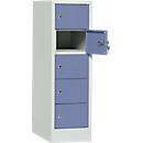 Storage cupboard, sheet steel, hinged right door, cylinder lock, 5 compartments, W 300 x H 965 mm, grey l. RAL 7035/blue col. RAL 5014