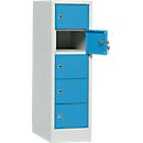 Storage cupboard, sheet steel, hinged right door, cylinder lock, 5 compartments, W 300 x H 965 mm, grey l. RAL 7035/light blue RAL 5012. RAL 5012