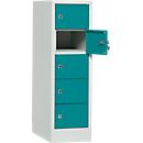 Storage cupboard, sheet steel, hinged right door, cylinder lock, 5 compartments, W 300 x H 965 mm, grey l. RAL 7035/water blue RAL 5021