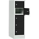 Storage cupboard, sheet steel, hinged right door, cylinder lock, 5 compartments, W 300 x H 965 mm, l. grey RAL 7035/int. black RAL 9005