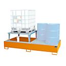 Sump tray Bauer AWA 21, steel, orange, L 2650 x W 1460 x H 863 mm, 1000 l, for 2 x 1000 l IBC, 1 filling attachment, 1 grate