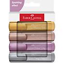 Surligneur Faber-Castell TL 46 Metallic, 3 épaisseurs de trait : 1/2/5 mm, encre à base d'eau, dans un carton-étui de 4 pièces, couleurs assorties or, argent, rubis et rose