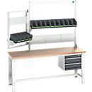 Systemwerkbank Bott cubio, mit Schubladen, Aufnahme- und Schwenkrahmen, Buche-Multiplexplatte, bis 800 kg, B 2000 x T 750 mm, Lichtgrau