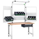 Systemwerkbank Bott cubio, mit Schubladen, Aufnahme- und Schwenkrahmen, Leuchte, Buche-Multiplexplatte, bis 800 kg, B 2000 x T 750 mm, Lichtgrau