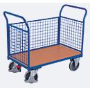 Three-wall trolley, steel/MDF board, gentian blue/beech decor, L 850 x W 475 mm, removable side panel, TPE castors with EasySTOP, up to 400 kg