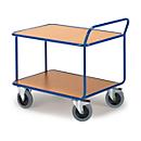 Tischwagen, 2 Etagen, bis 500 kg, TPE-Bereifung, Stahl pulverbeschichtet enzianblau RAL 5010, L 800 x B 500 mm