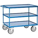 Tischwagen Fetra 2420W, bis 500 kg, 3 Etagen mit Wannen, Ladefläche L 850 x B 500 mm, TPE-Bereifung, Schiebegriff, Stahl, brillantblau