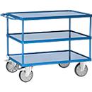 Tischwagen Fetra 2422W, bis 600 kg, 3 Etagen mit Wannen, Ladefläche L 1000 x B 700 mm, TPE-Bereifung, Schiebegriff, Stahl, brillantblau