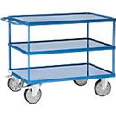 Tischwagen Fetra 2423W, bis 600 kg, 3 Etagen mit Wannen, Ladefläche L 1200 x B 800 mm, TPE-Bereifung, Schiebegriff, Stahl, brillantblau