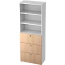 TOPAS LINE combination cabinet, 6 file heights, shelf and suspension filing system, white/oak decor