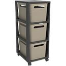 Tour de rangement BRISEN, avec roulettes, 3 x 16 litres, jusqu'à 30 kg, tiroirs amovibles des deux côtés, plastique recyclé, sans BPA, L 300 x l 366 x H 770 mm, cappuccino