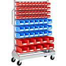 Trolley v. magazijnbakken, enkelzijdig, b 1130 x d 510 x h 1705 mm, 40 x 0,7 l rood, 21 x 3 l blauw, 10 x 7,5 l rood