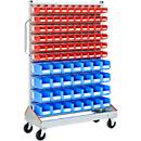 Trolley v. magazijnbakken, enkelzijdig, b 1130 x d 510 x h 1705 mm, 60 x 0,7 l rood, 28 x 7,5 l blauw