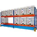 Umwelt-Grundregal 3300-2, Palettenregal, B 3500 x T 1300 x H 3000 mm, für max. 6 IBC, Auffangwanne 1000 l, lichtblau/verkehrsblau/reinorange