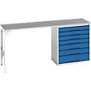 Unterbauwerkbank Bott verso, Linoleum-Platte, 7 Schubladen, B 2000 x T 600 x H 930 mm, Lichtgrau / Enzianblau