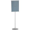 Update Display Infoständer, doppelseitig, Stahl-Fußplatte, ovales Zentralprofil, DIN A1 Hochformat, silber