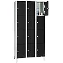 Vakkenkast 300 mm, 3 afdelingen, 12 vakken, veiligheidscilinderslot, poot, diepzwart